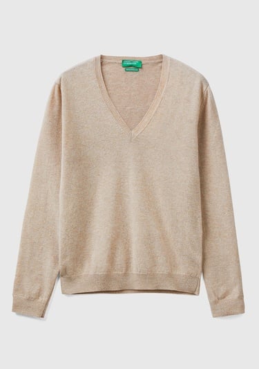  Kadın Bej Melanj V Yaka %100 Merino Kazak