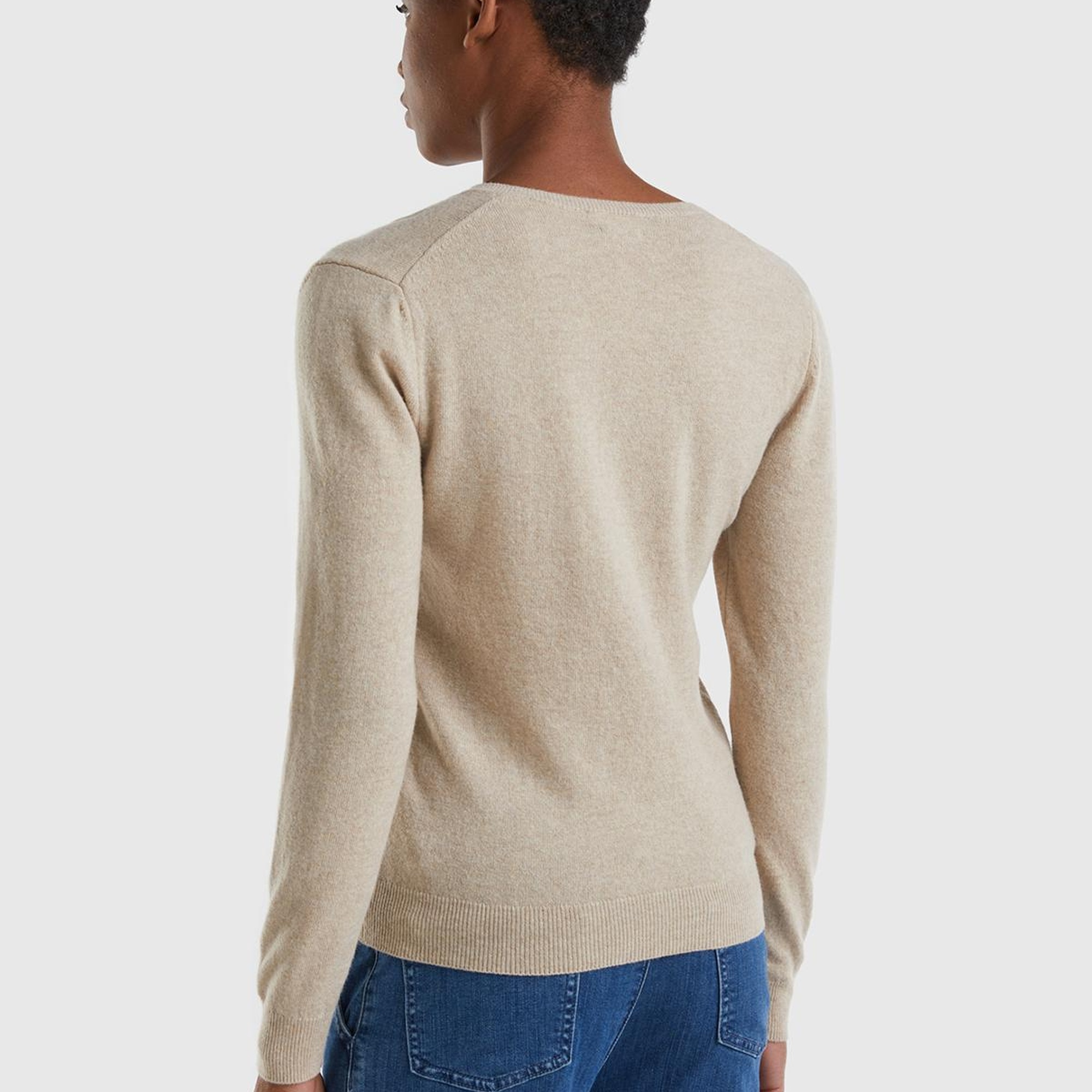 Kadın Bej Melanj V Yaka %100 Merino Kazak