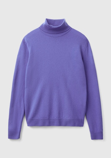  Kadın Mor Dik Yaka %100 Merino Kazak