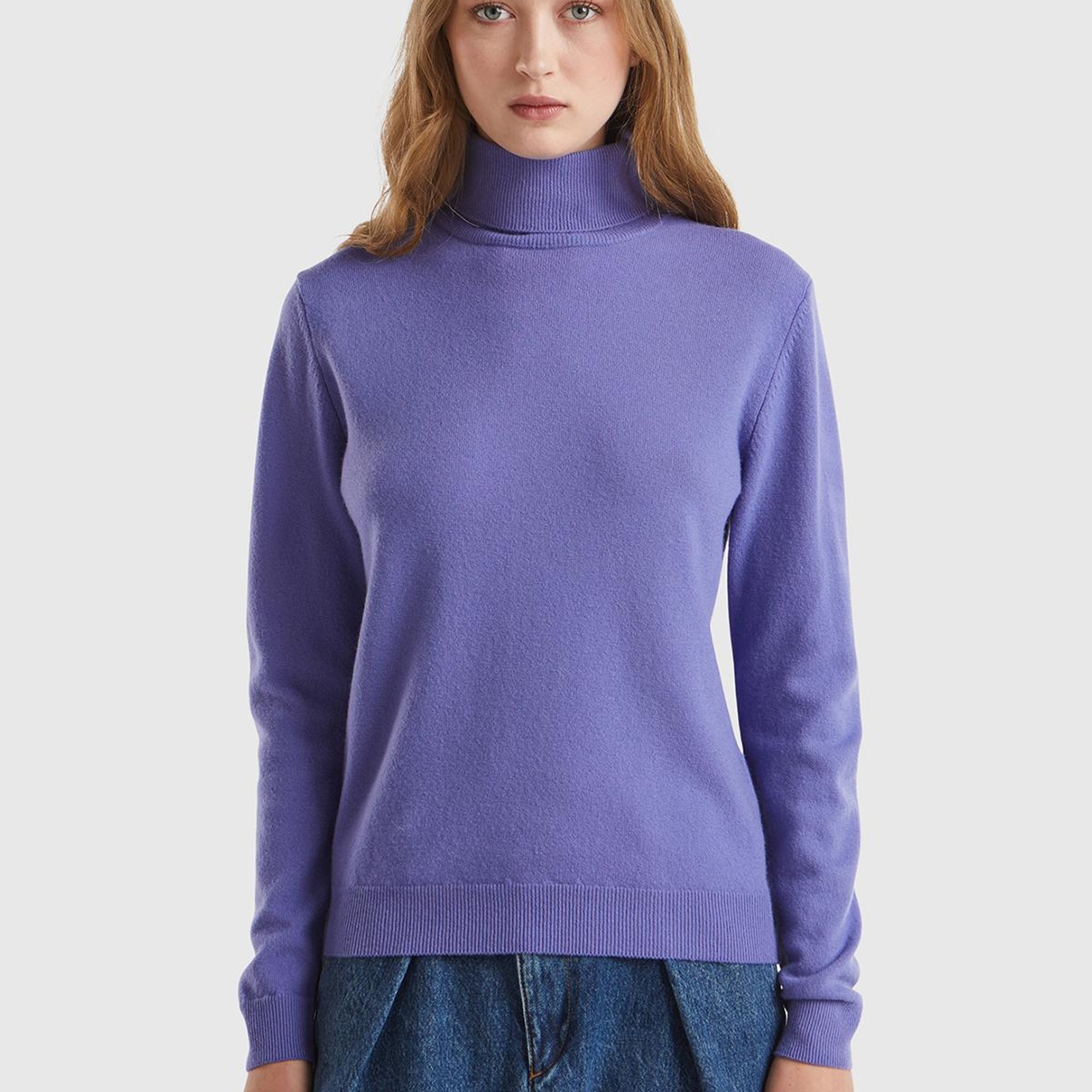 Kadın Mor Dik Yaka %100 Merino Kazak