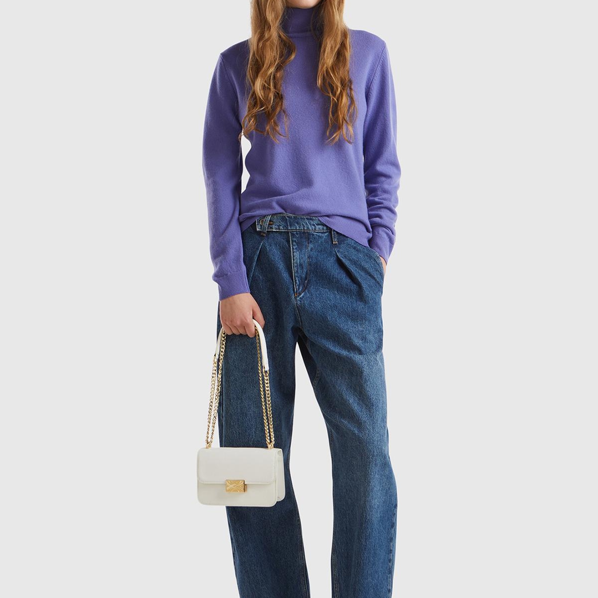 Kadın Mor Dik Yaka %100 Merino Kazak