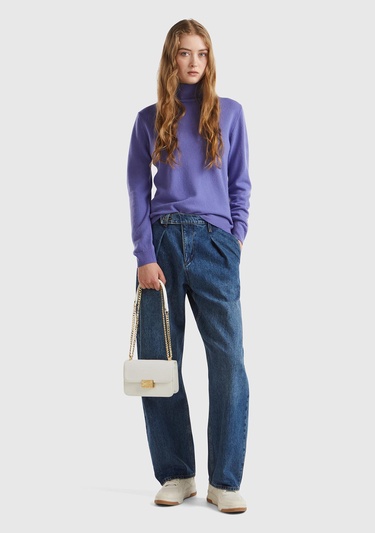  Kadın Mor Dik Yaka %100 Merino Kazak