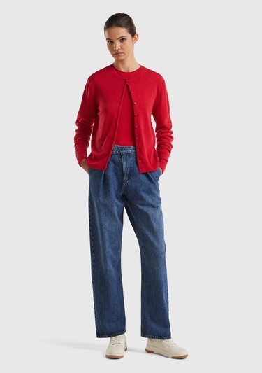  Kadın Kırmızı Bisiklet Yaka %100 Merino Hırka