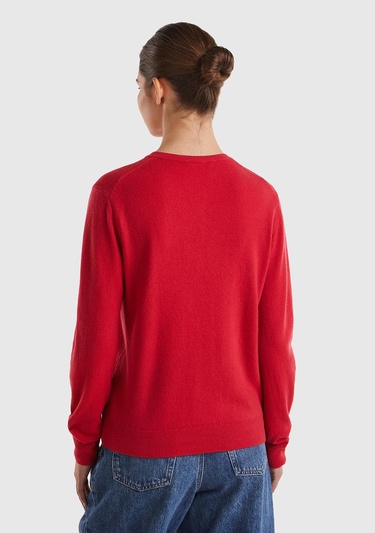  Kadın Kırmızı Bisiklet Yaka %100 Merino Hırka