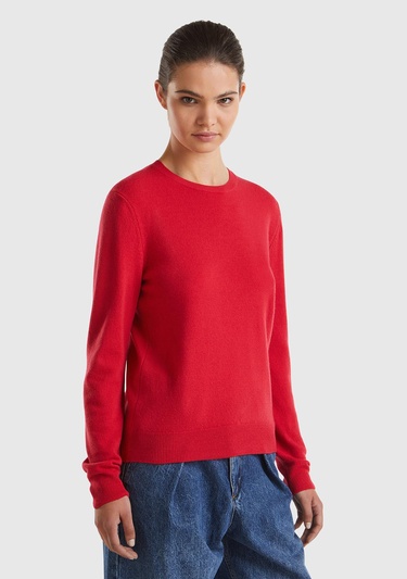  Kadın Kırmızı Bisiklet Yaka %100 Merino Kazak