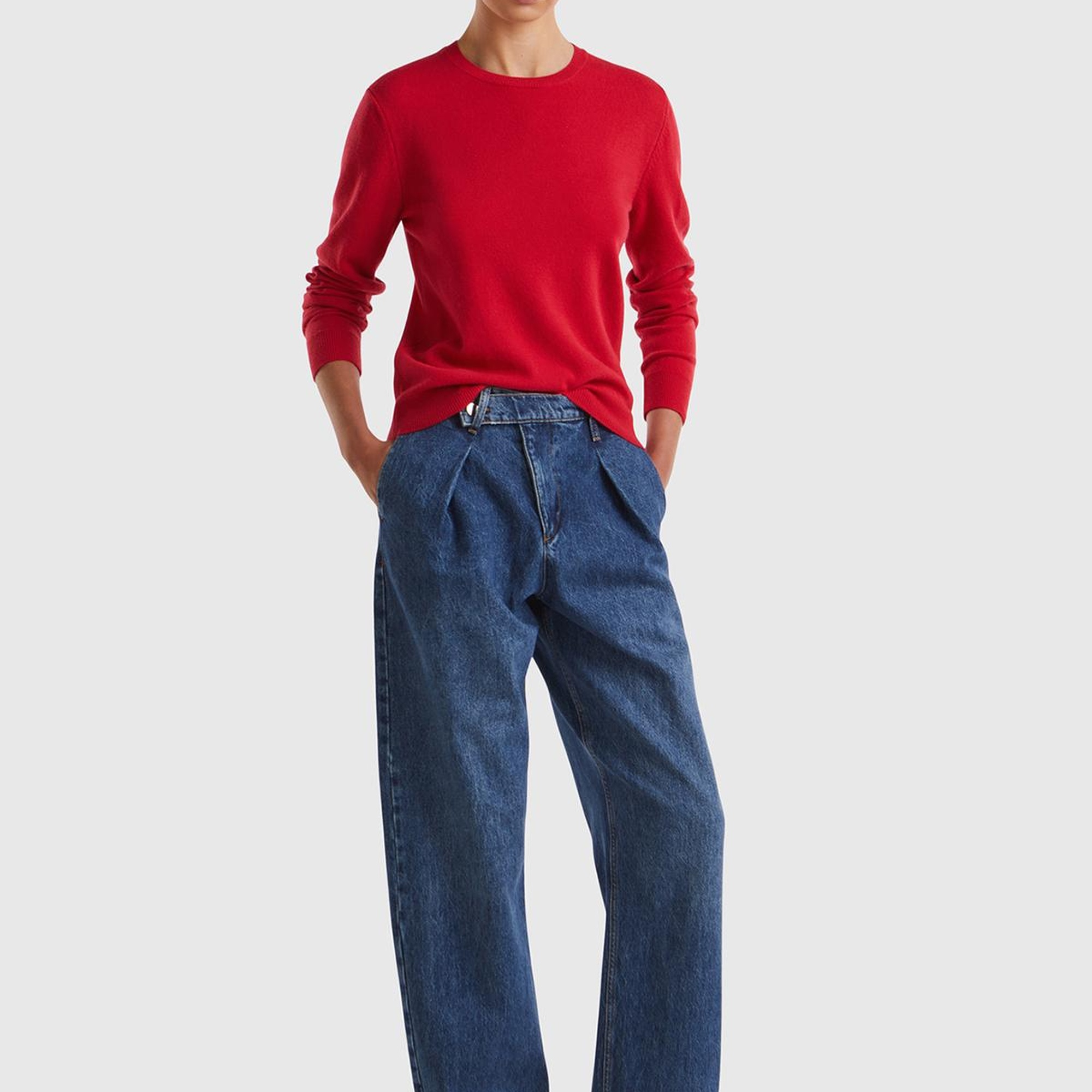 Kadın Kırmızı Bisiklet Yaka %100 Merino Kazak