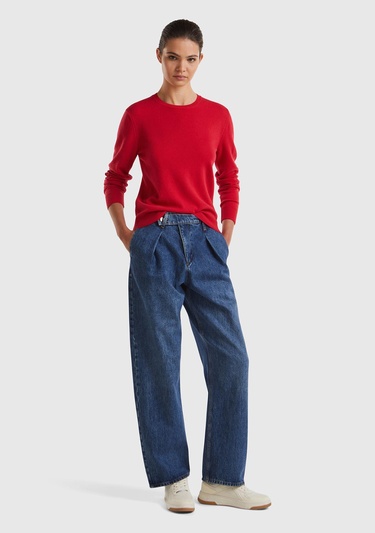  Kadın Kırmızı Bisiklet Yaka %100 Merino Kazak