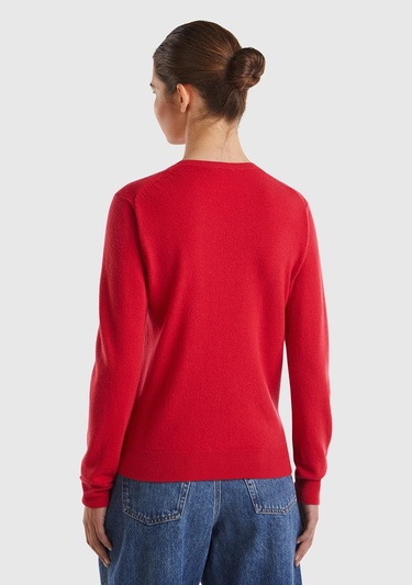  Kadın Kırmızı Bisiklet Yaka %100 Merino Kazak
