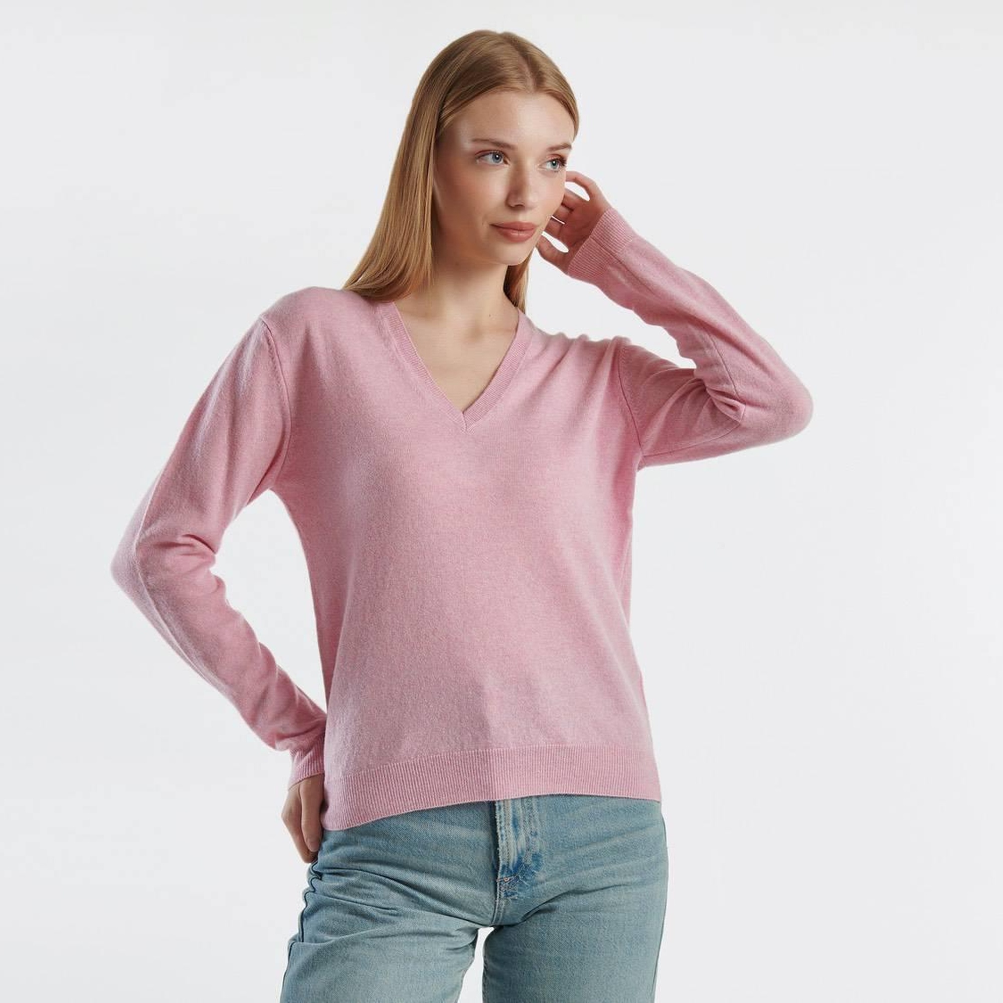 Kadın Pembe V Yaka %100 Merino Kazak