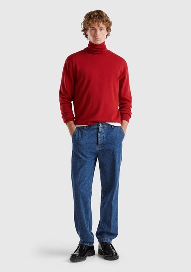  Erkek Bordo Boğazlı %100 Merino Kazak