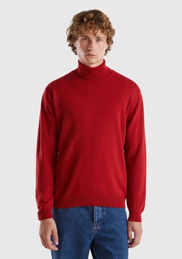  Erkek Bordo Boğazlı %100 Merino Kazak