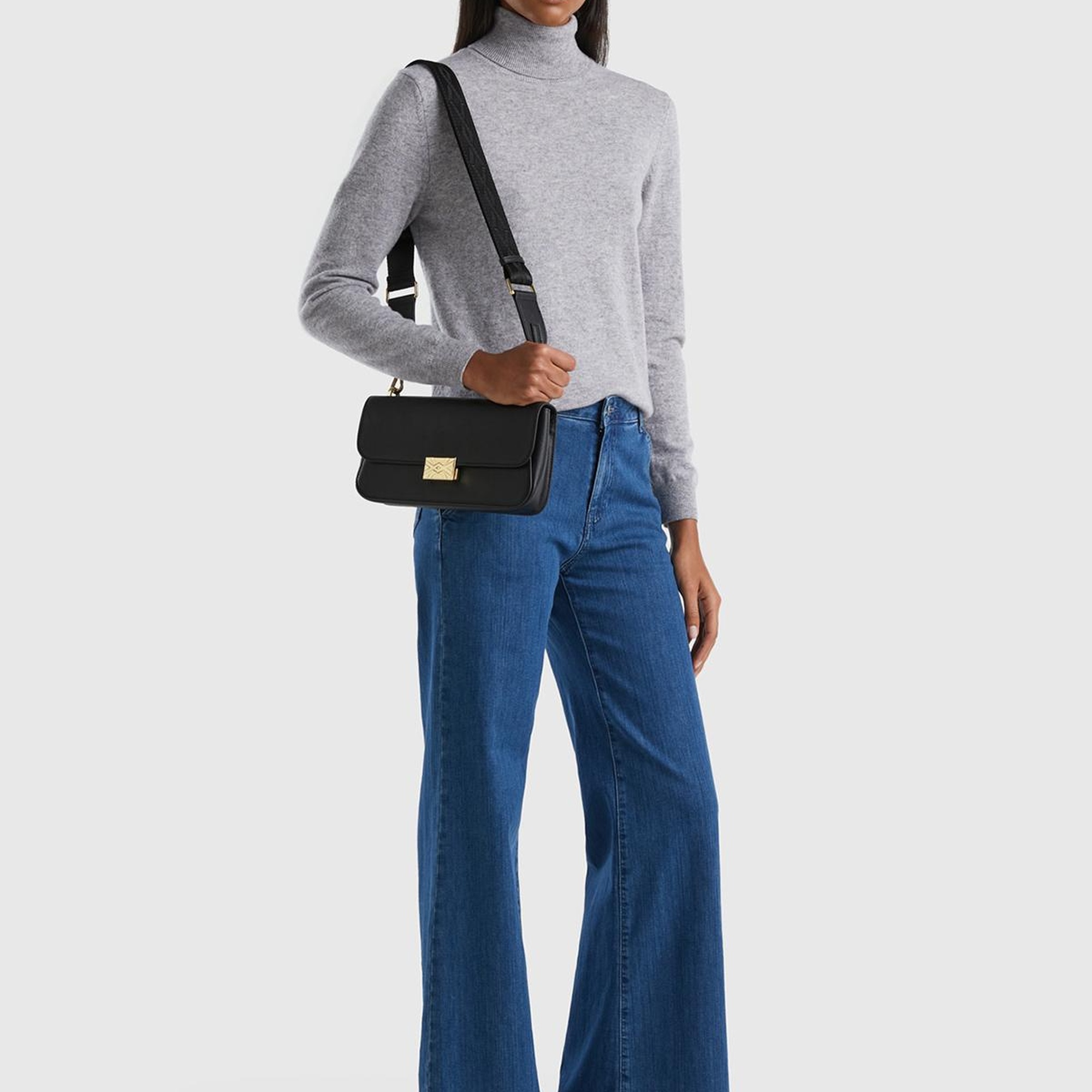 Kadın Gri Melanj Dik Yaka %100 Merino Kazak