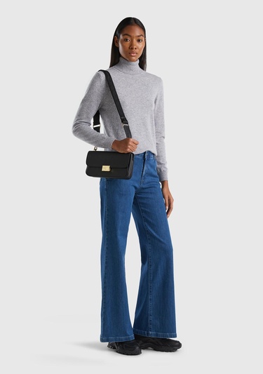  Kadın Gri Melanj Dik Yaka %100 Merino Kazak