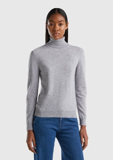  Kadın Gri Melanj Dik Yaka %100 Merino Kazak