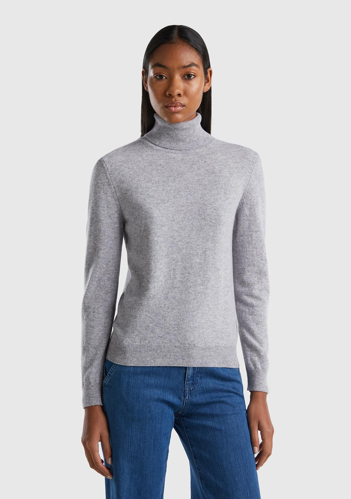  Kadın Gri Melanj Dik Yaka %100 Merino Kazak