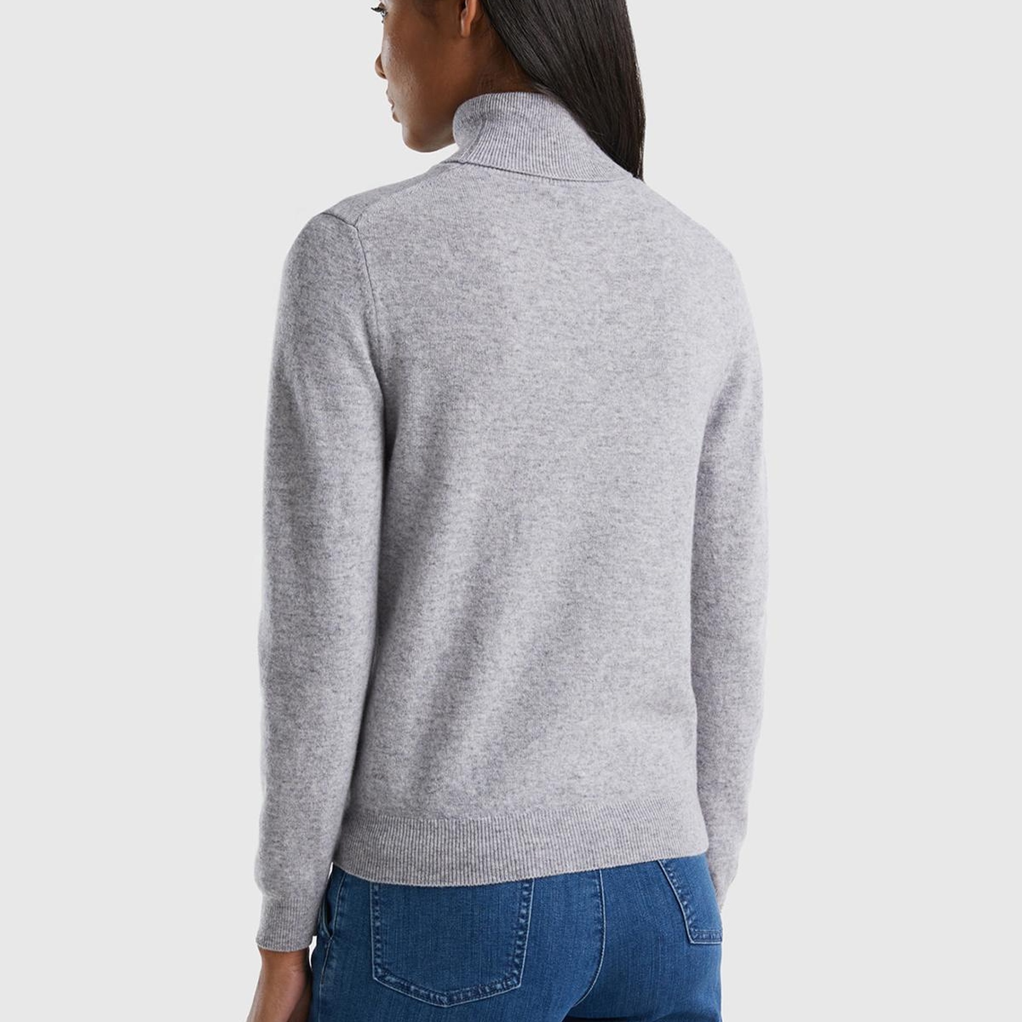 Kadın Gri Melanj Dik Yaka %100 Merino Kazak