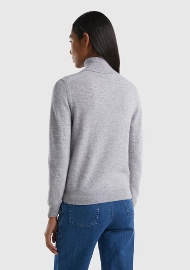  Kadın Gri Melanj Dik Yaka %100 Merino Kazak