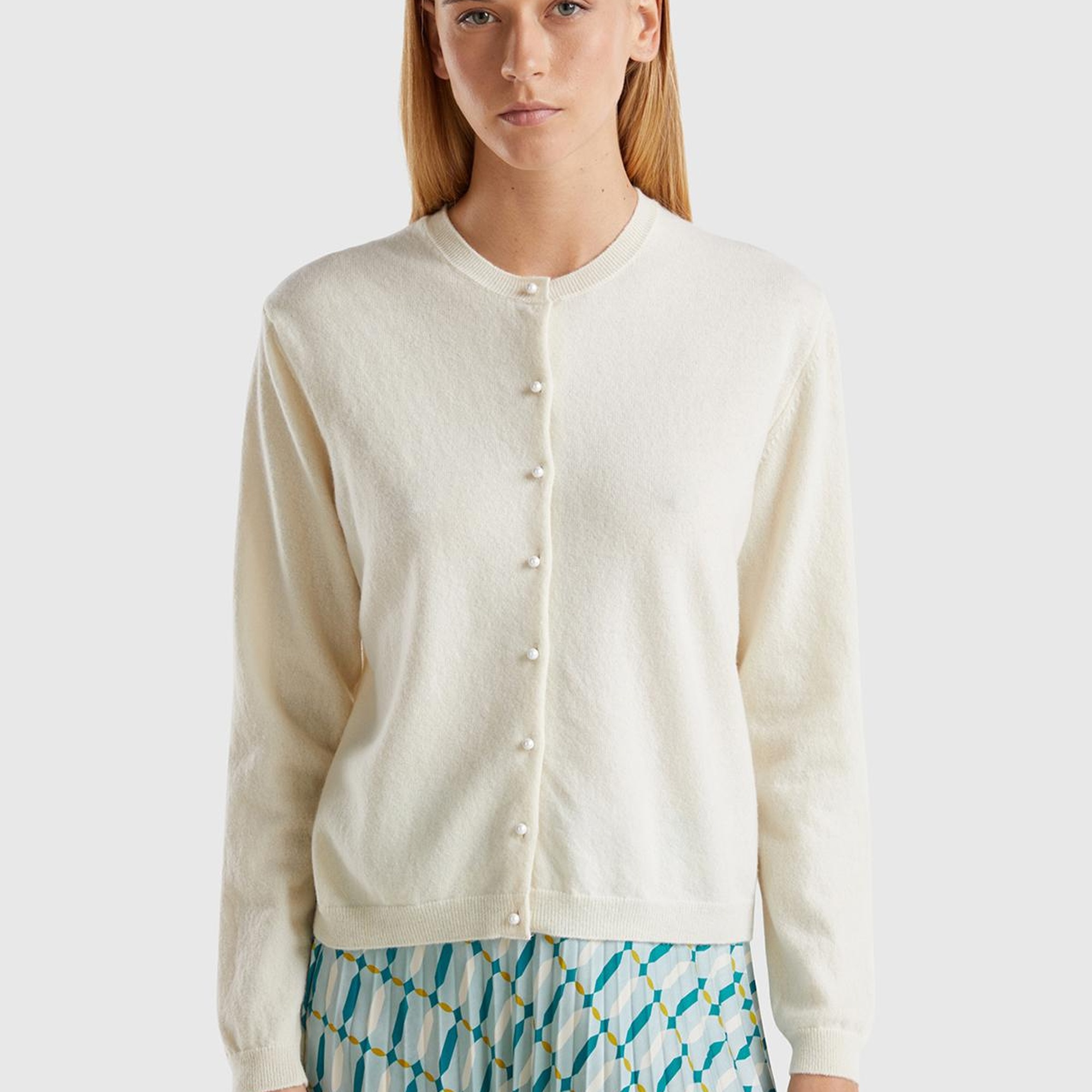 Kadın Krem Bisiklet Yaka %İnci Düğmeli Merino Hırka