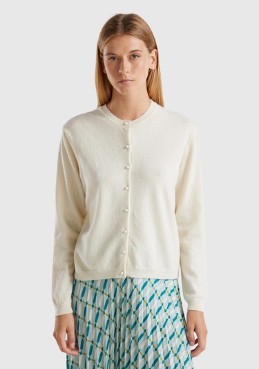  Kadın Krem Bisiklet Yaka %İnci Düğmeli Merino Hırka