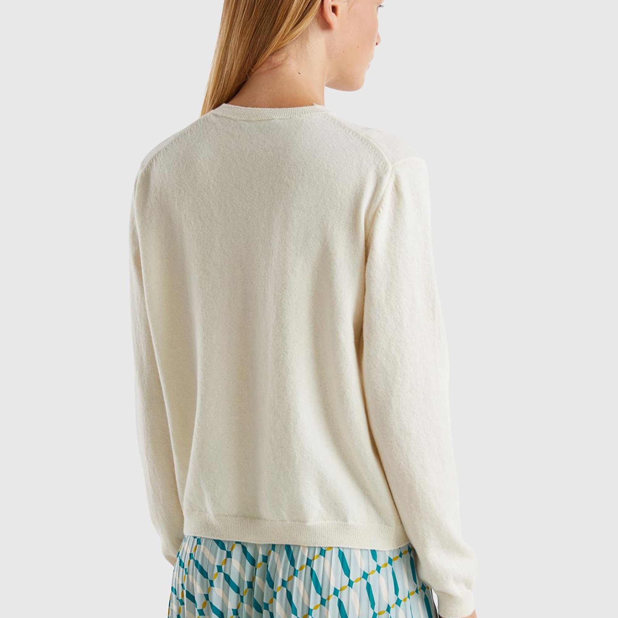 Kadın Krem Bisiklet Yaka %İnci Düğmeli Merino Hırka