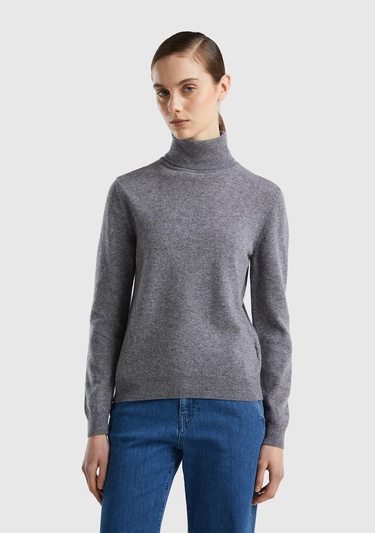  Kadın Antrasit Melanj Dik Yaka %100 Merino Kazak