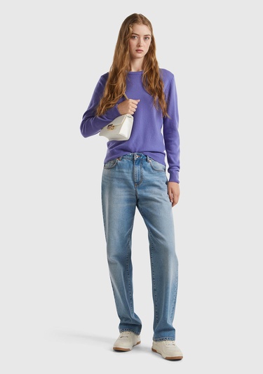  Kadın Mor Bisiklet Yaka %100 Merino Kazak