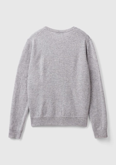  Kadın Gri Melanj Bisiklet Yaka %100 Merino Hırka