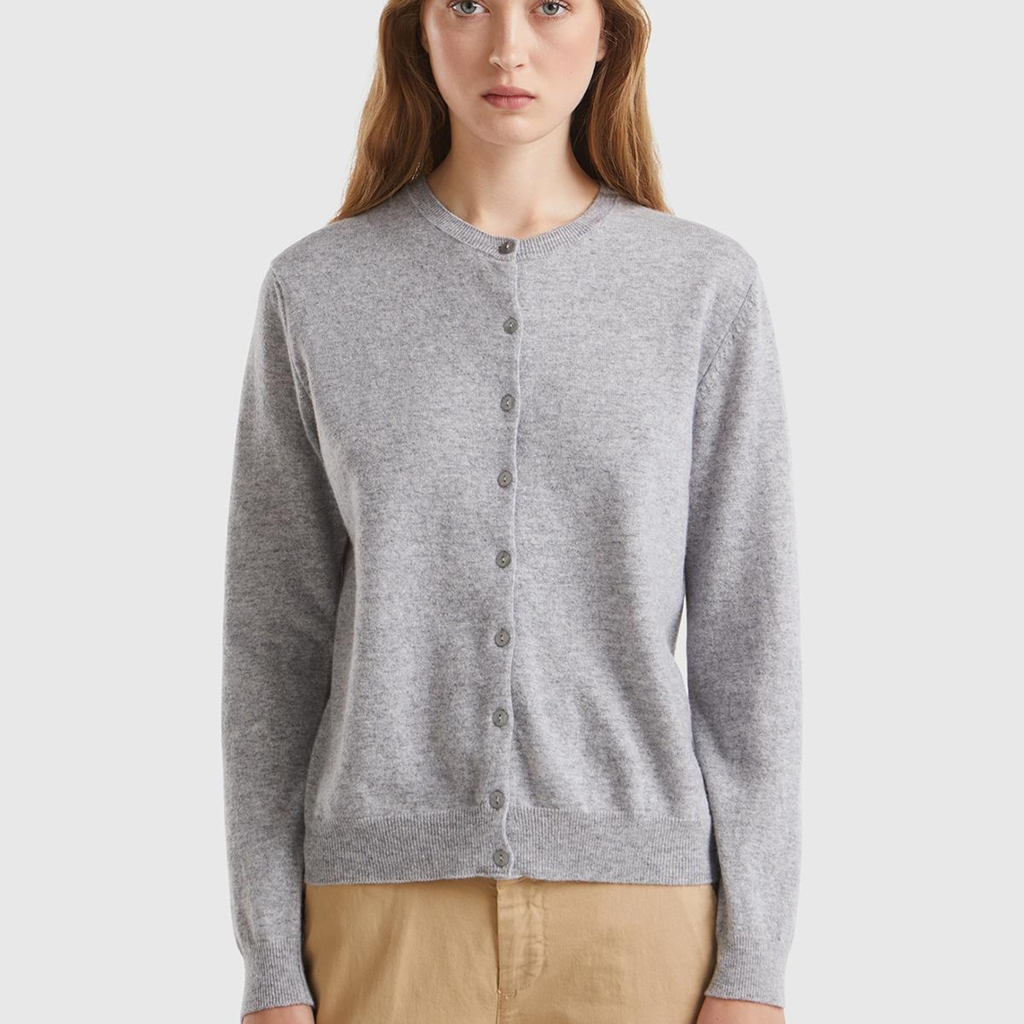 Kadın Gri Melanj Bisiklet Yaka %100 Merino Hırka