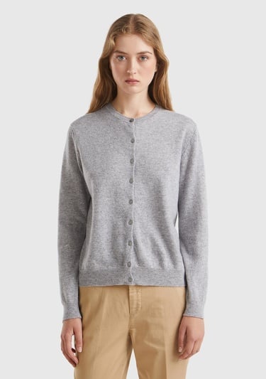  Kadın Gri Melanj Bisiklet Yaka %100 Merino Hırka