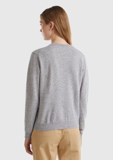  Kadın Gri Melanj Bisiklet Yaka %100 Merino Hırka