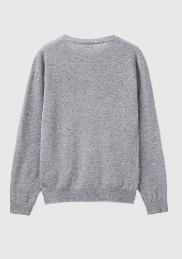  Kadın Gri Melanj Bisiklet Yaka %100 Merino Kazak