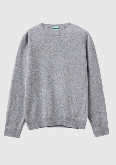  Kadın Gri Melanj Bisiklet Yaka %100 Merino Kazak