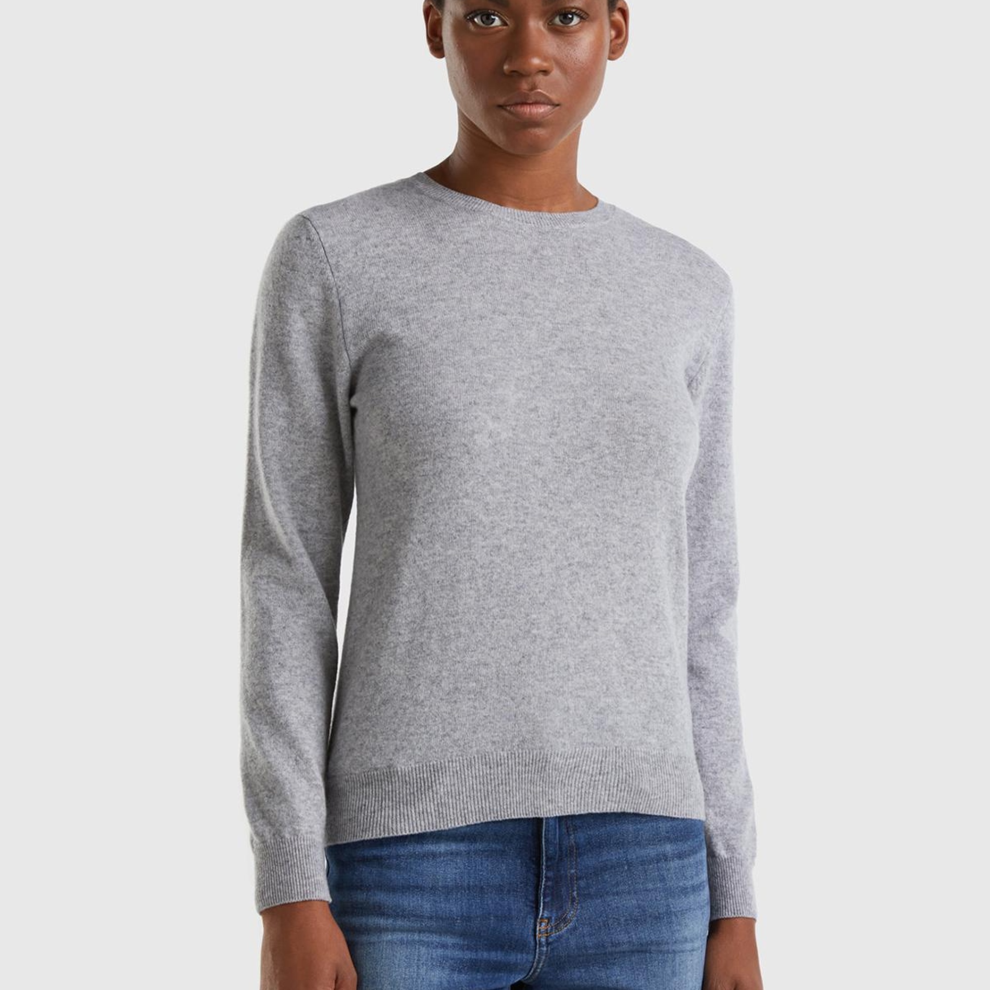 Kadın Gri Melanj Bisiklet Yaka %100 Merino Kazak