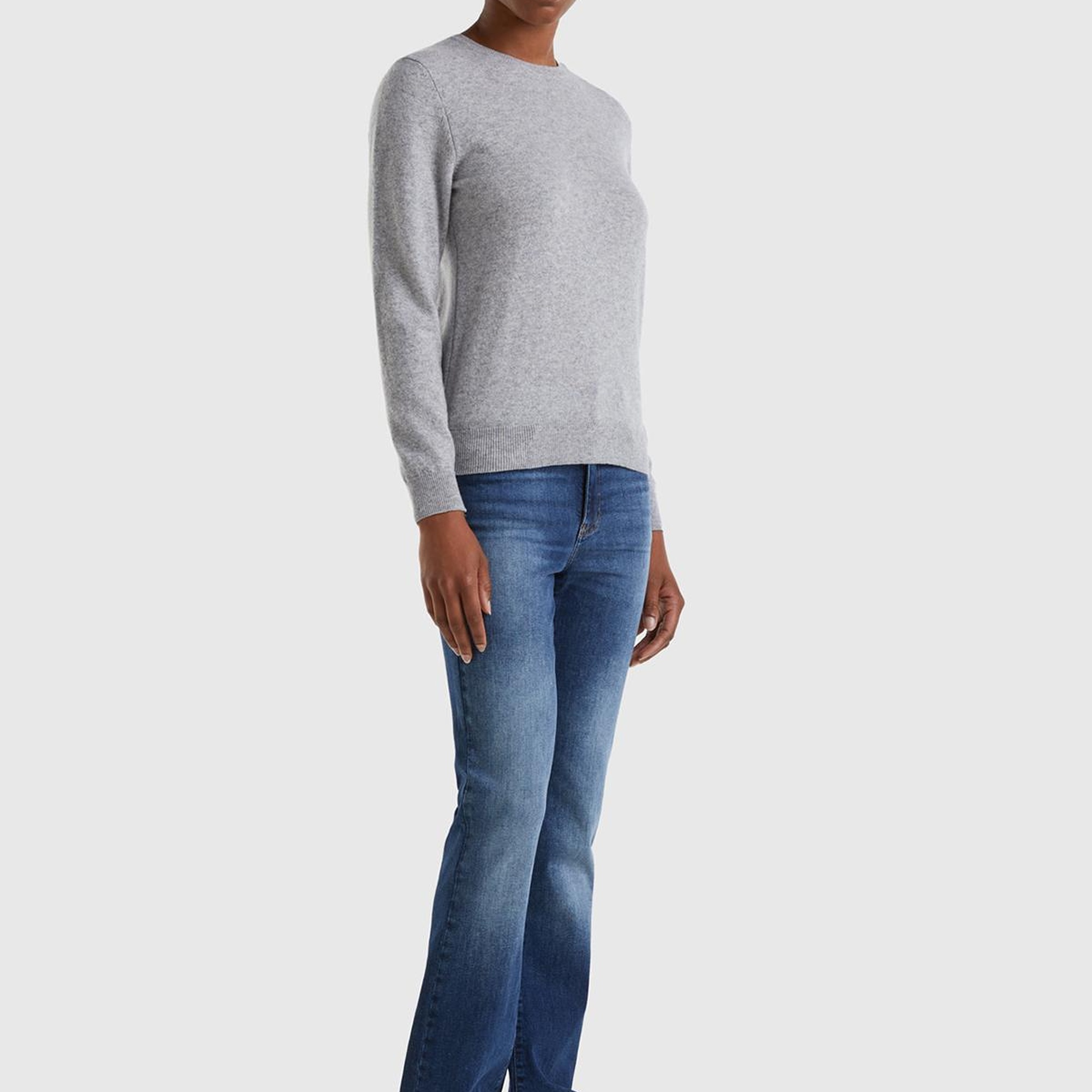 Kadın Gri Melanj Bisiklet Yaka %100 Merino Kazak