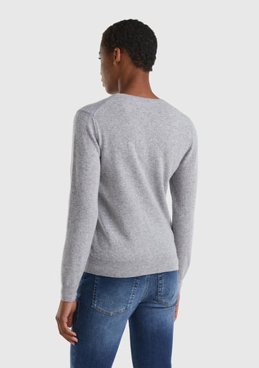  Kadın Gri Melanj Bisiklet Yaka %100 Merino Kazak