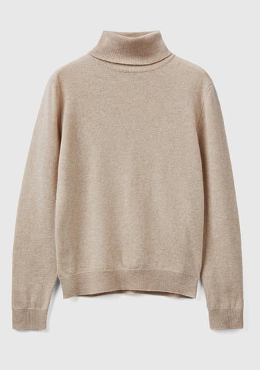  Kadın Bej Melanj Dik Yaka %100 Merino Kazak