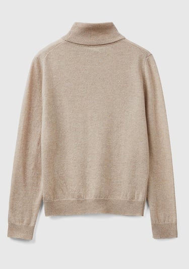  Kadın Bej Melanj Dik Yaka %100 Merino Kazak