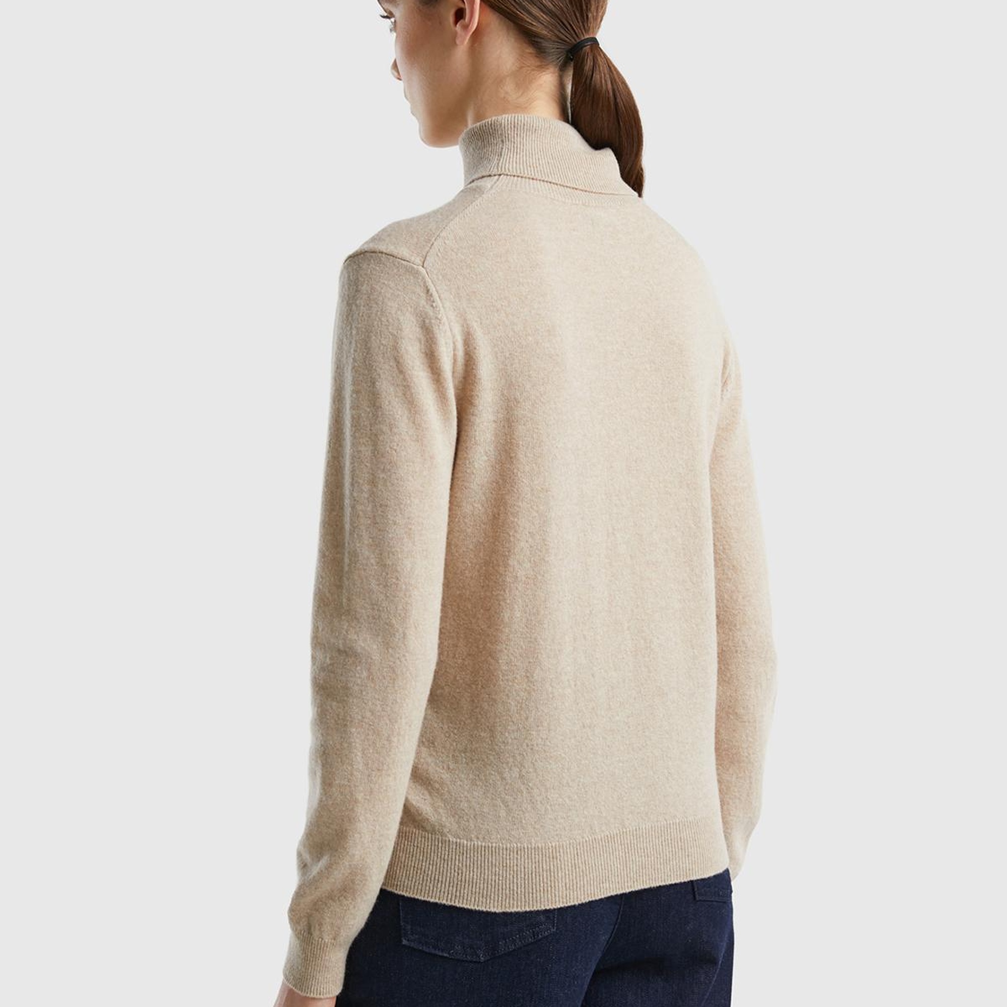 Kadın Bej Melanj Dik Yaka %100 Merino Kazak