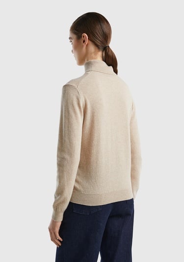  Kadın Bej Melanj Dik Yaka %100 Merino Kazak