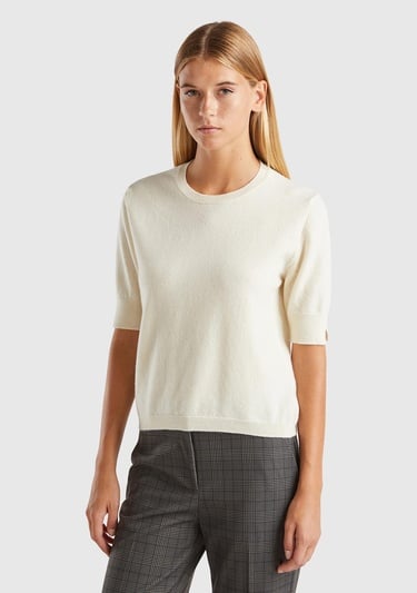  Kadın Krem Bisiklet Yaka %100 Merino Kısa Kollu Kazak