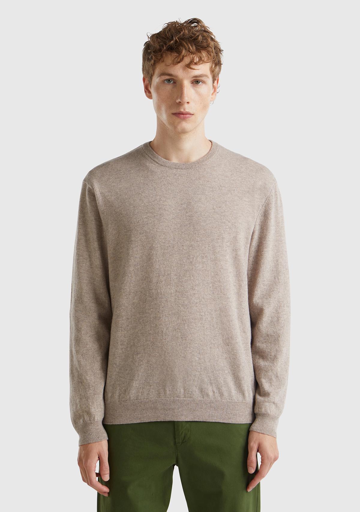  Erkek Bej Melanj Bisiklet Yaka %100 Merino Kazak