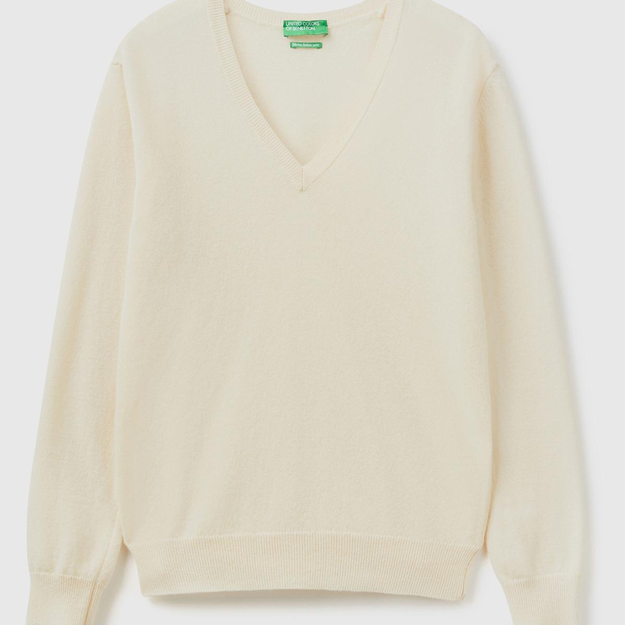 Kadın Krem V Yaka %100 Merino Kazak