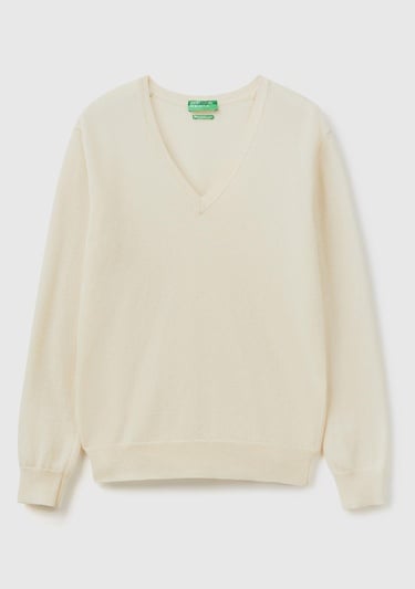  Kadın Krem V Yaka %100 Merino Kazak