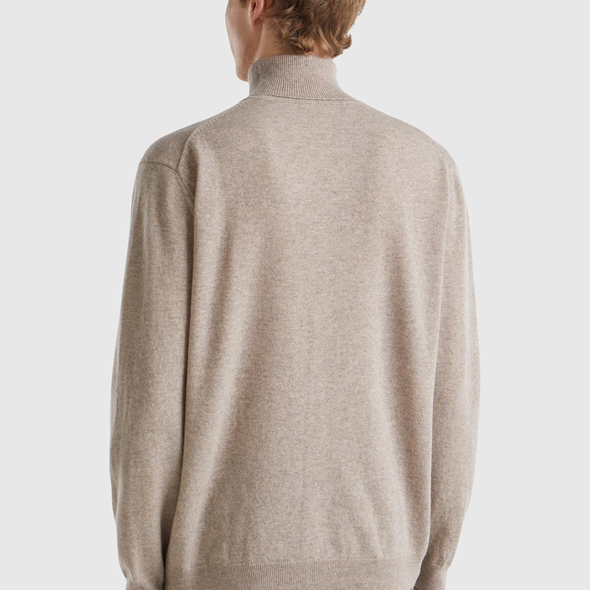 Erkek Bej Melanj Boğazlı %100 Merino Kazak