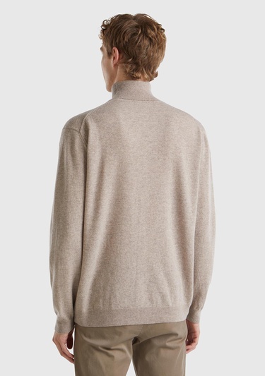  Erkek Bej Melanj Boğazlı %100 Merino Kazak