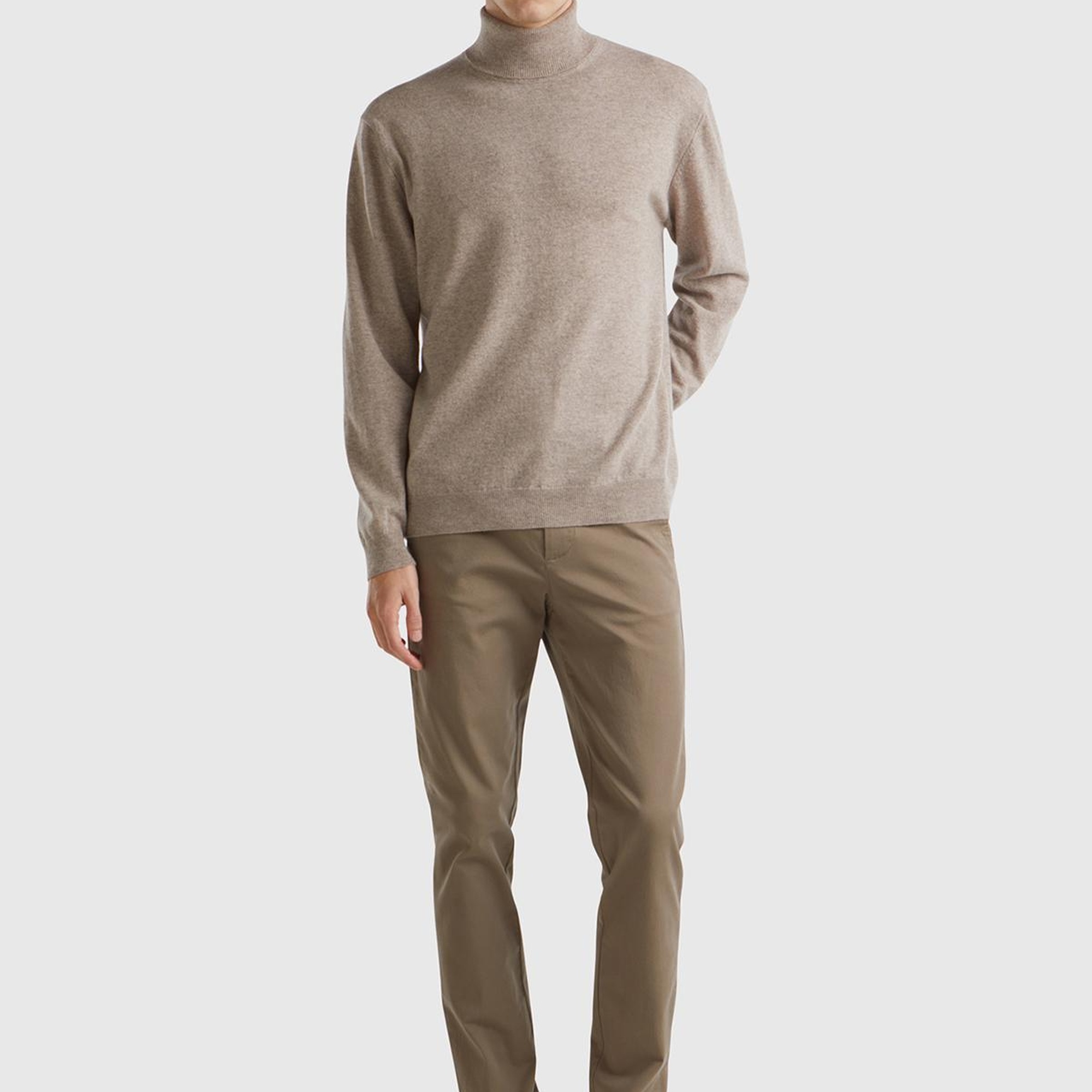 Erkek Bej Melanj Boğazlı %100 Merino Kazak