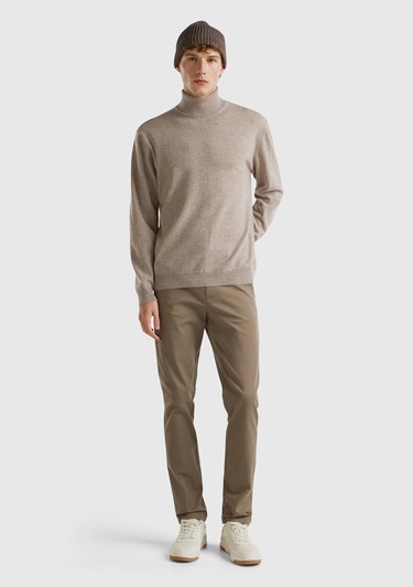  Erkek Bej Melanj Boğazlı %100 Merino Kazak