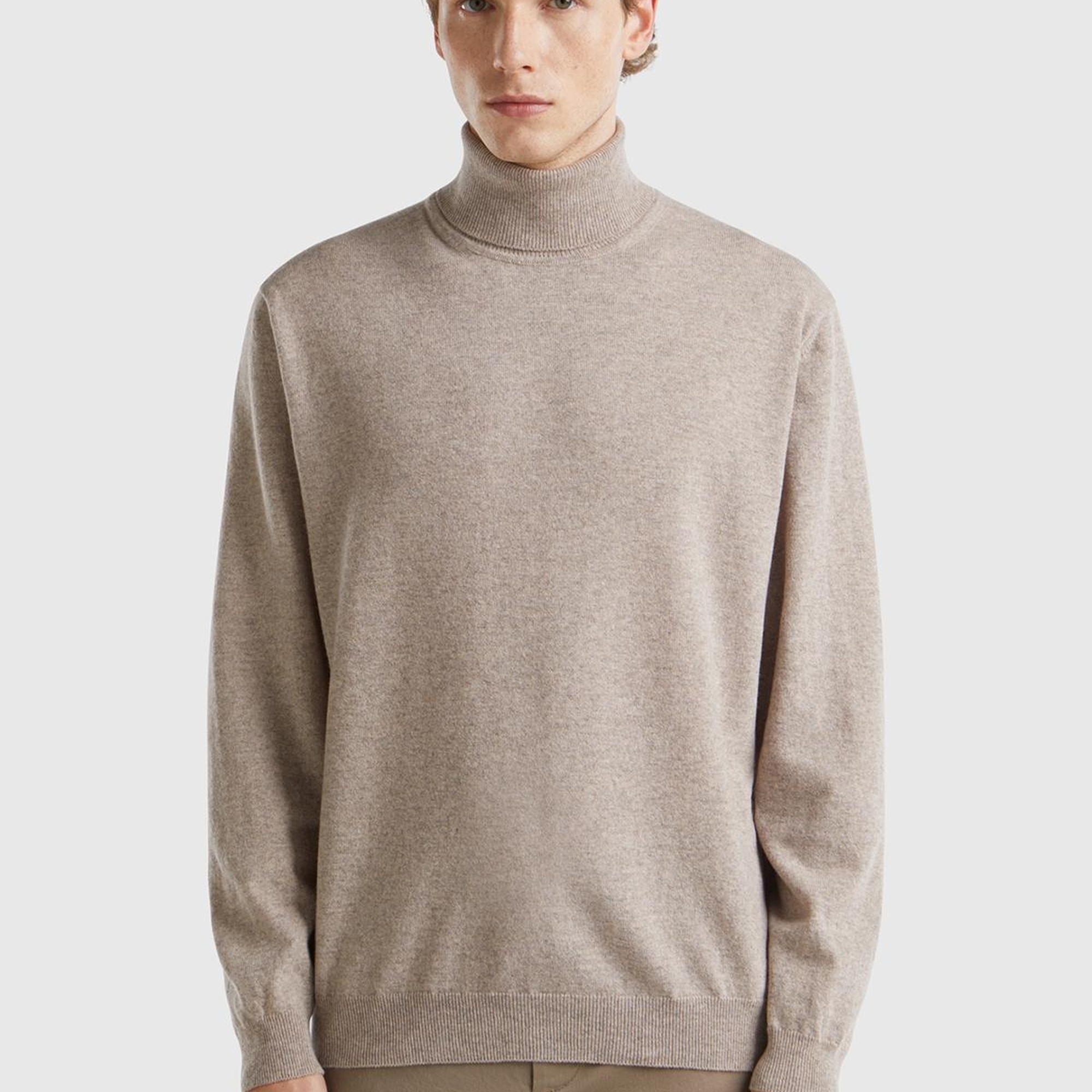 Erkek Bej Melanj Boğazlı %100 Merino Kazak