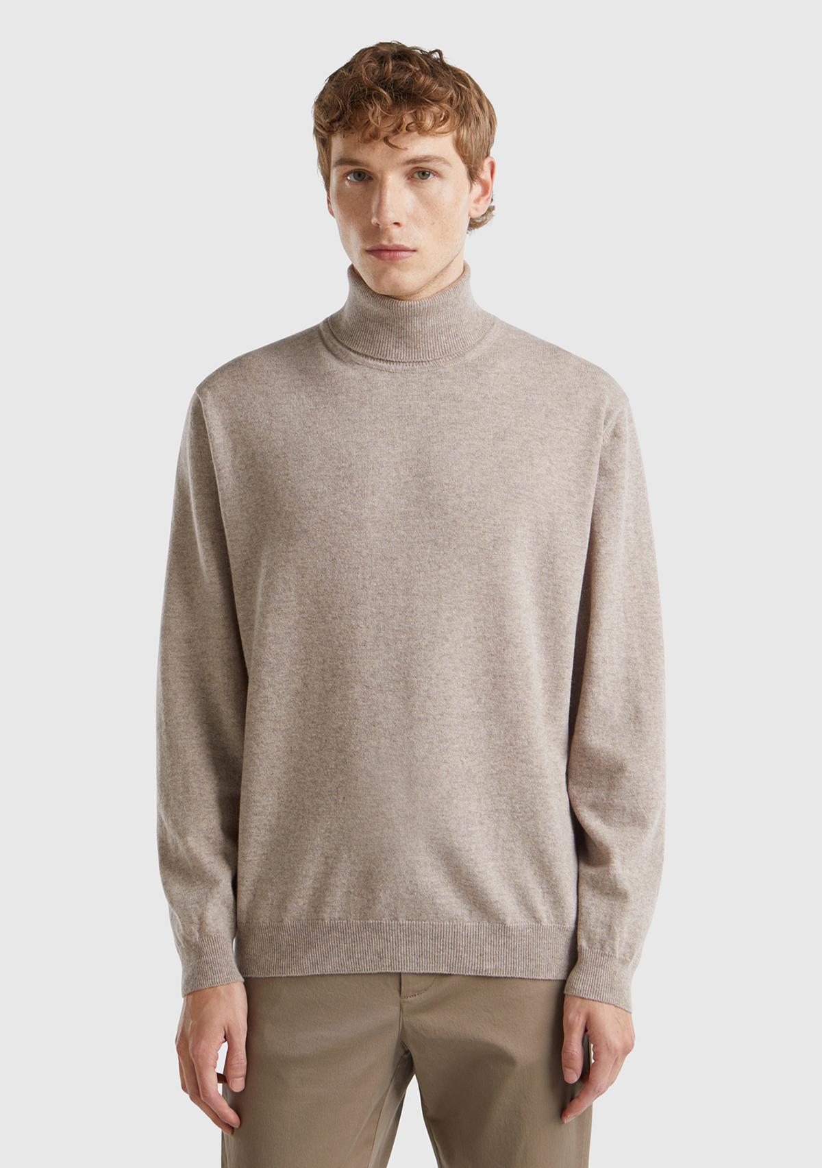  Erkek Bej Melanj Boğazlı %100 Merino Kazak