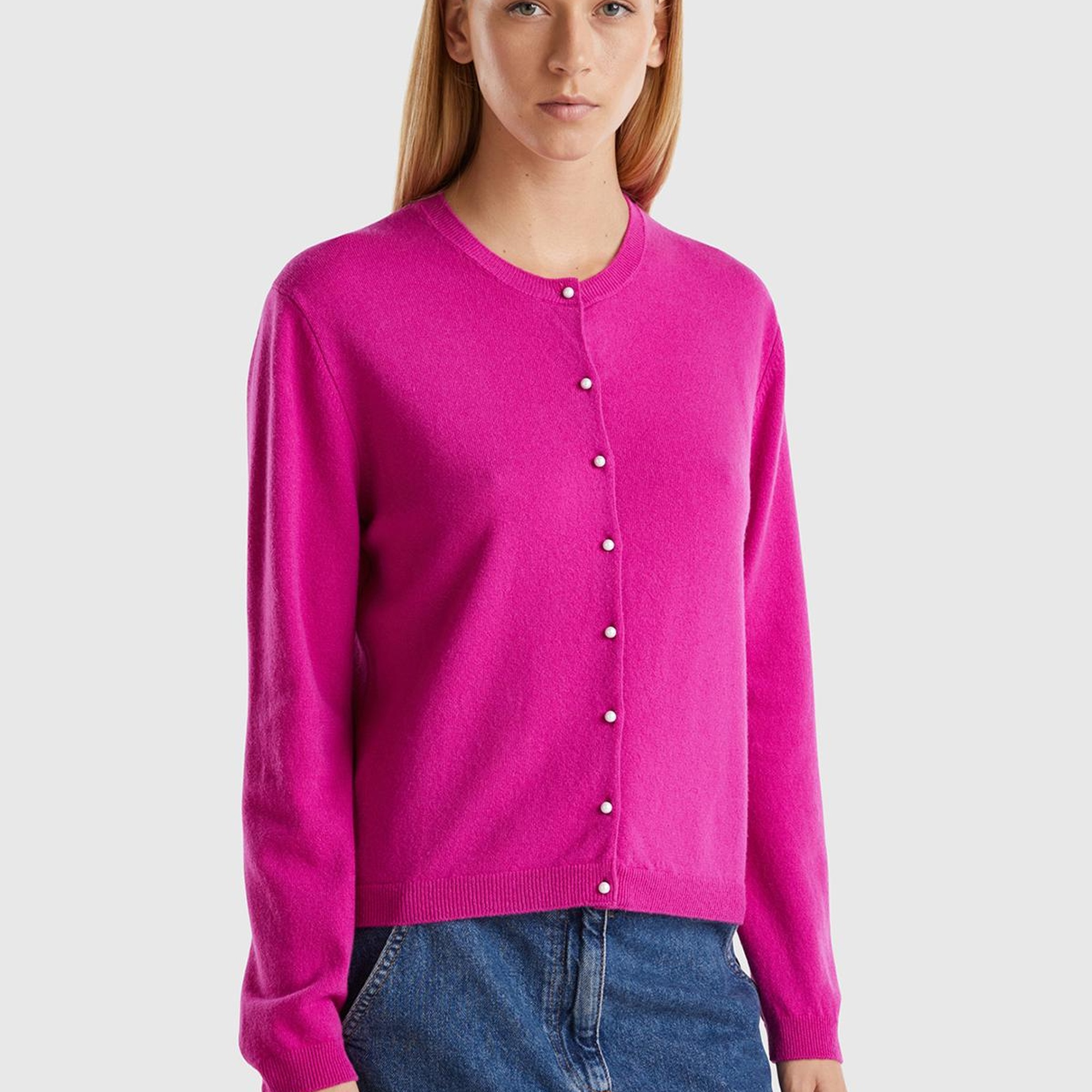 Kadın Fuşya Bisiklet Yaka %İnci Düğmeli Merino Hırka